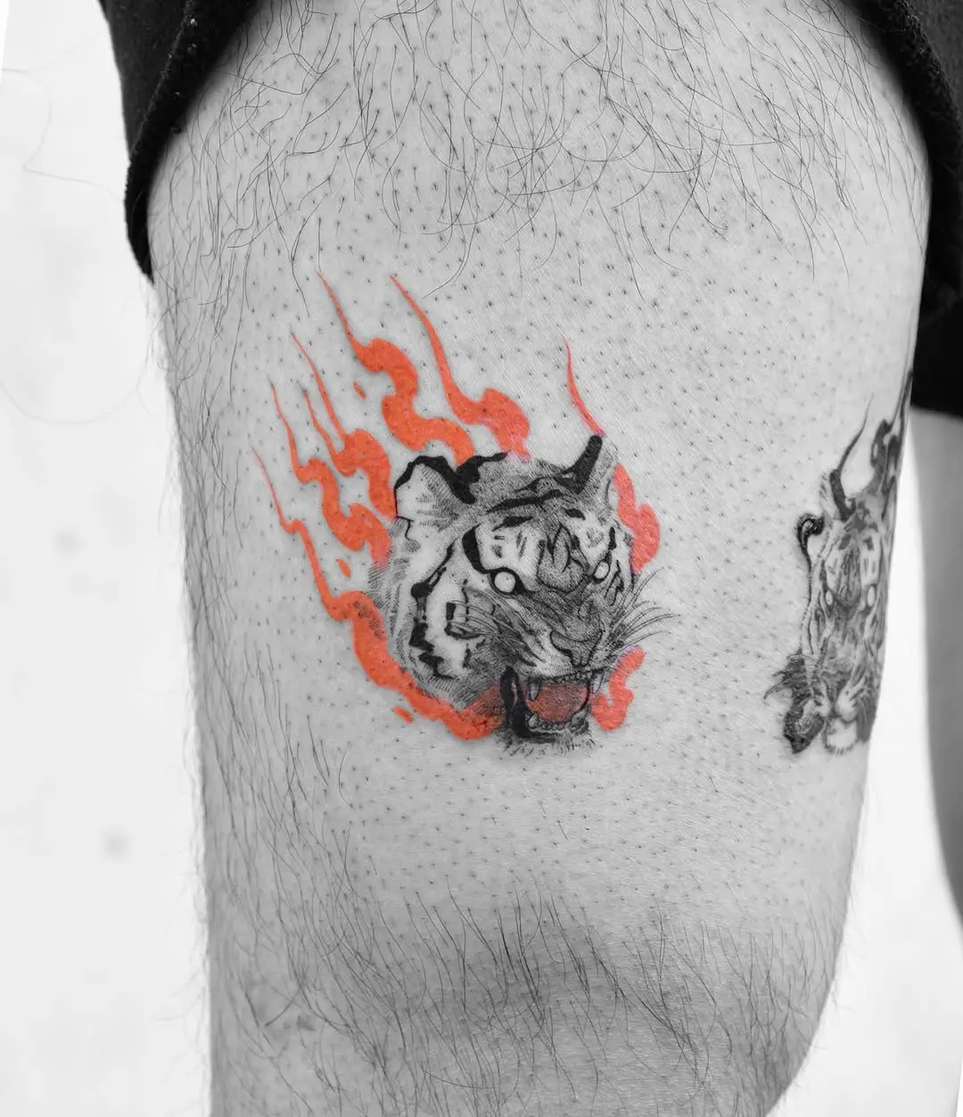 Vibrant tiger tattoo with fiery accents