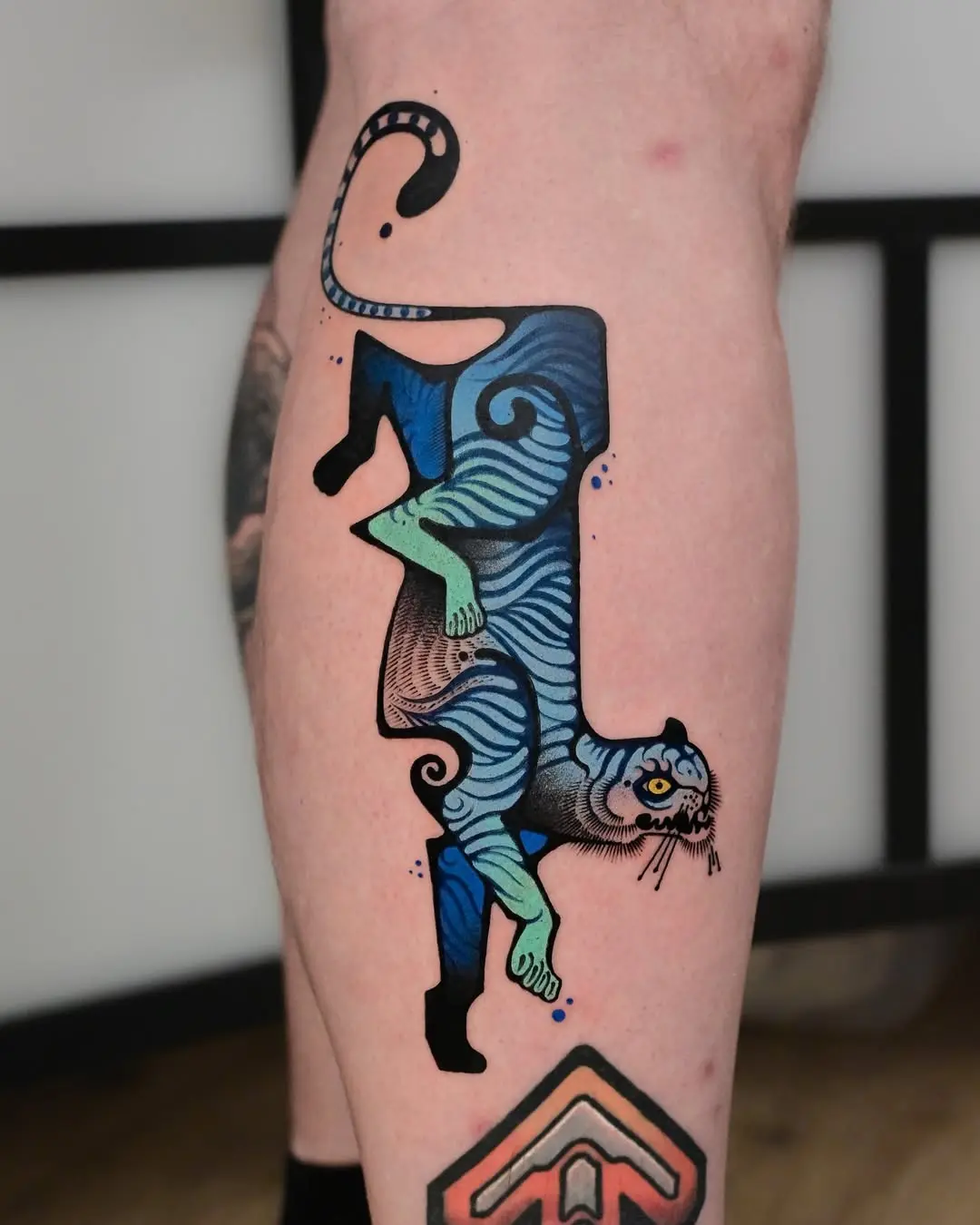 Artistic Blue Tiger Tattoo on Leg