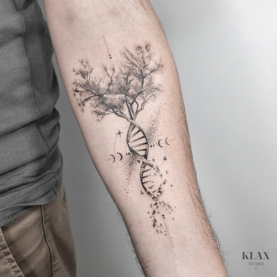 Elegant fusion of tree and DNA tattoo art