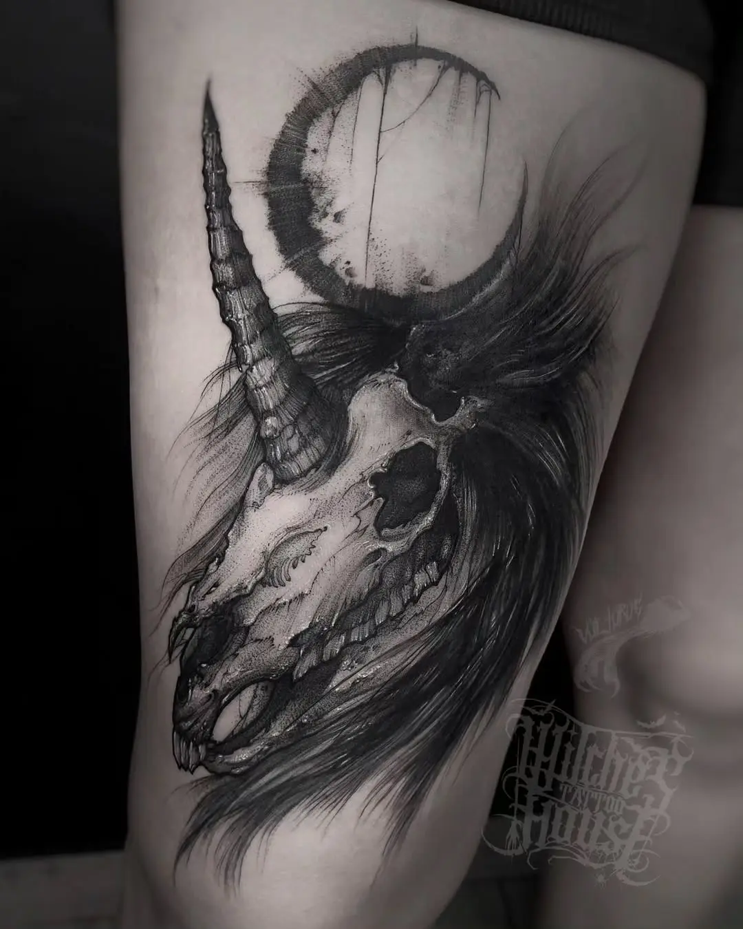 Mysterious Unicorn Skull Tattoo Design
