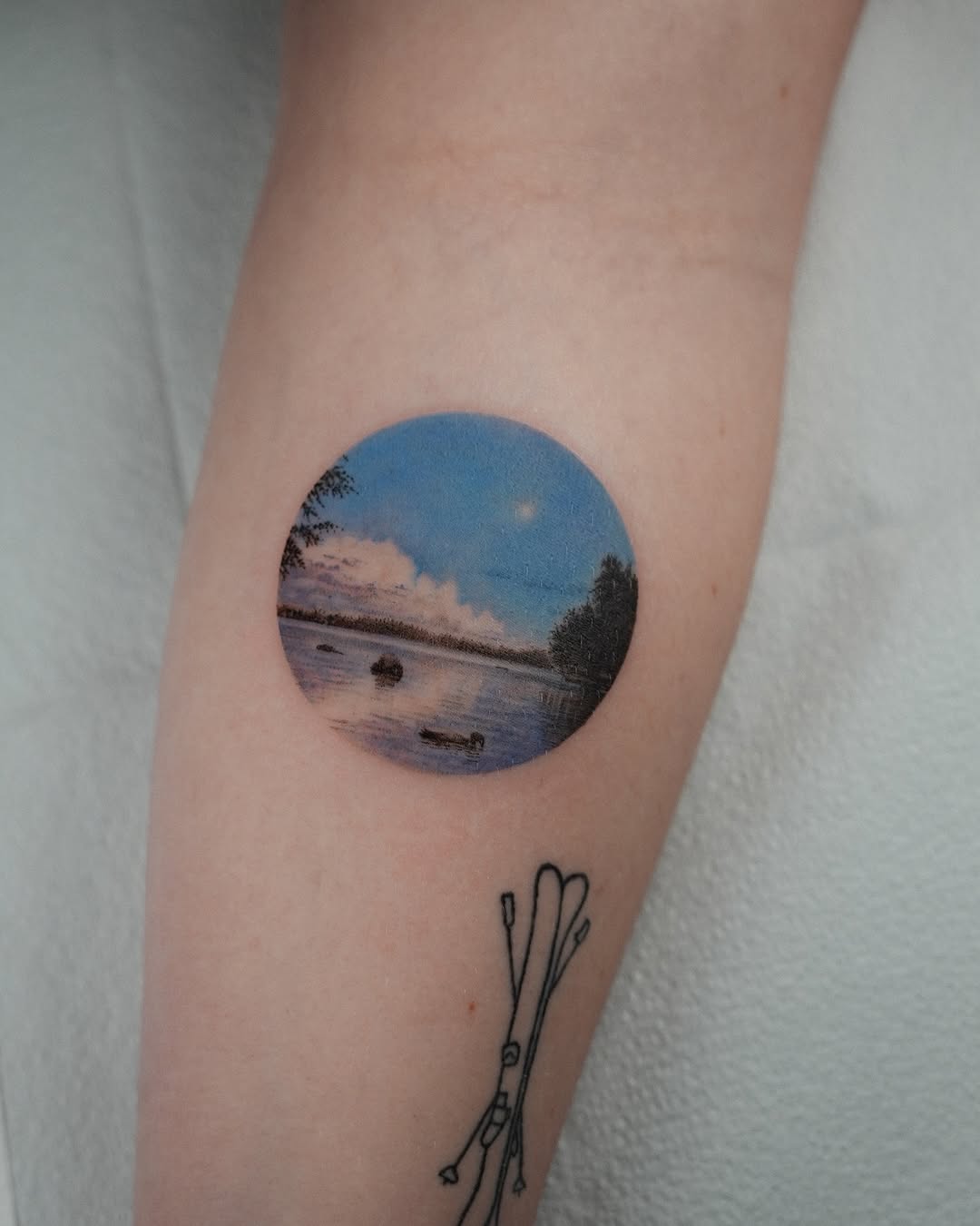 Stunning river landscape tattoo with moonlit sky