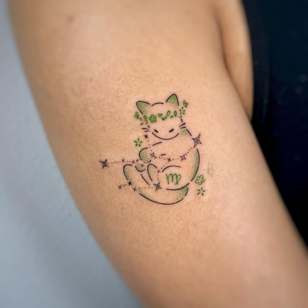 Charming Virgo Cat Moon Tattoo Design