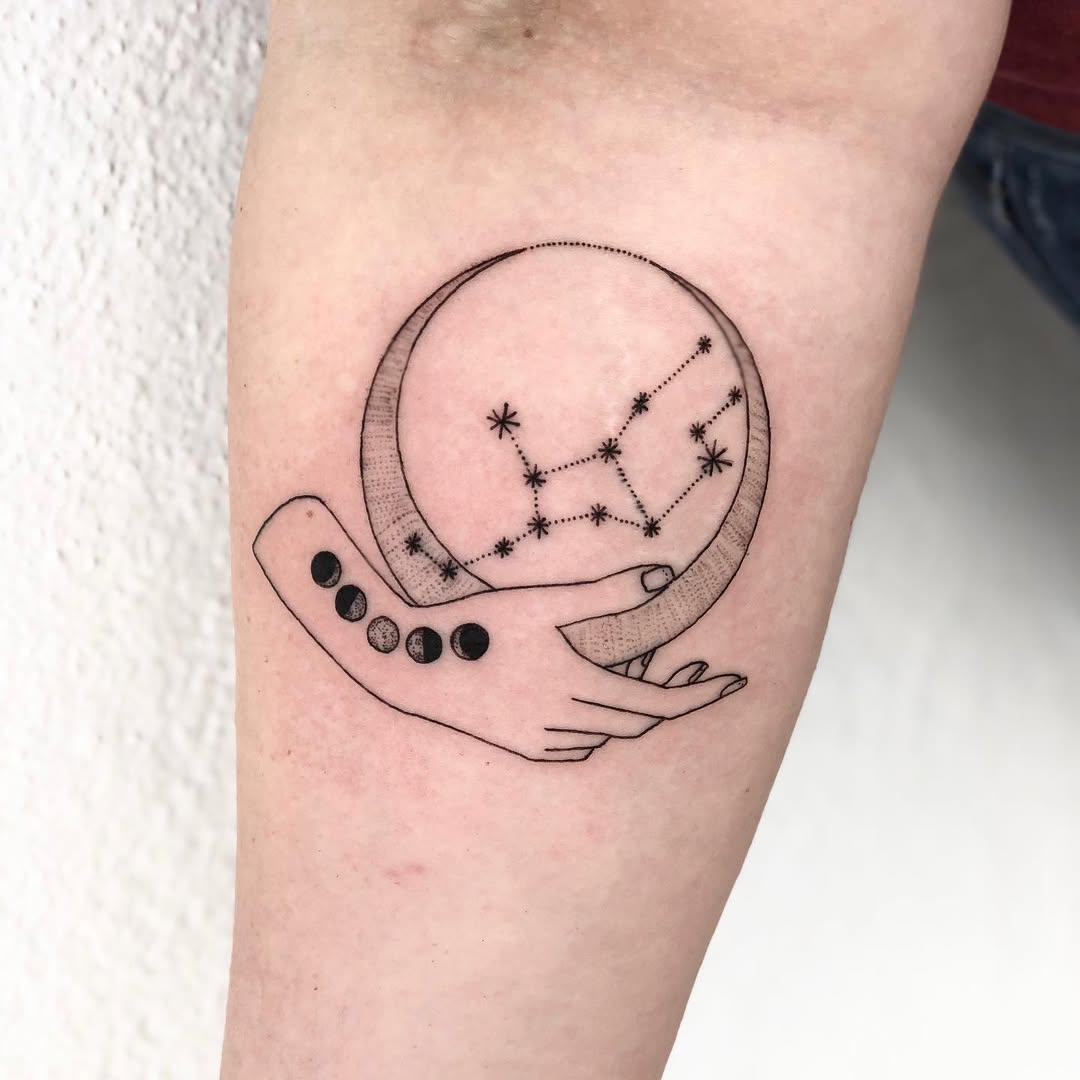 Virgo Constellation within a Hand and Moon