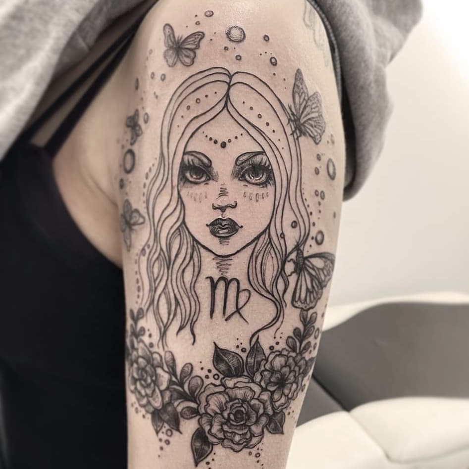 Mystical Virgo Tattoo with Floral Elements