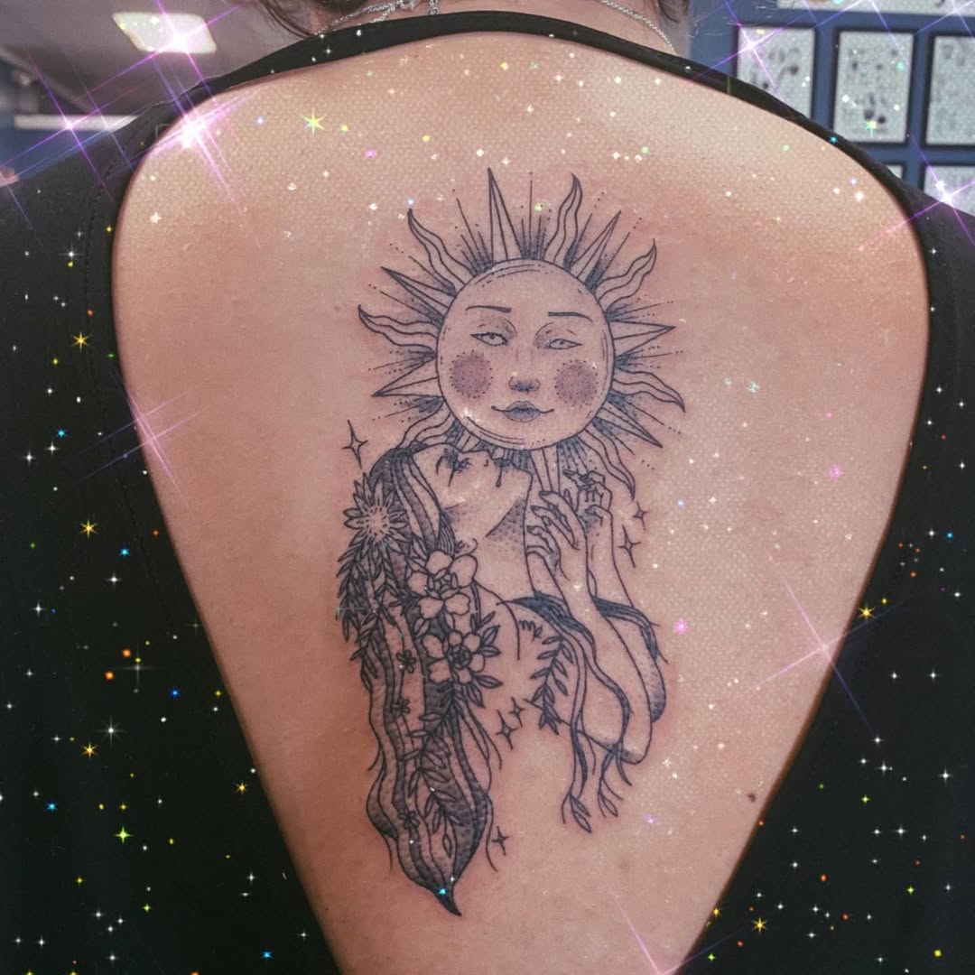 Elegant Virgo Tattoo Featuring Sun and Moon