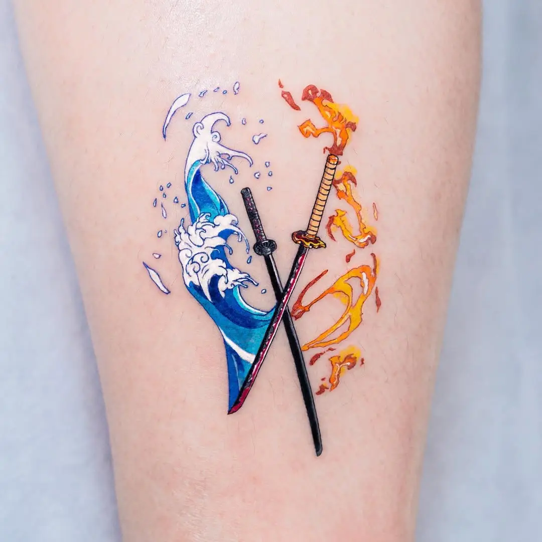 Dynamic blend of water and flame tattoos