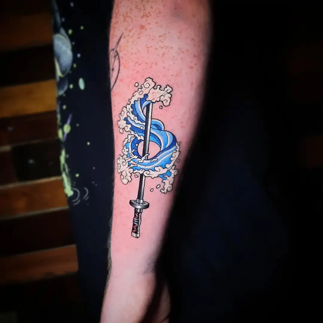 Dynamic water tattoo featuring a sword design