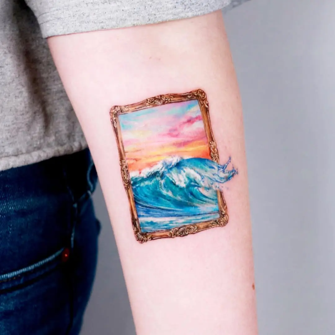 Artfully framed wave tattoo for ocean lovers