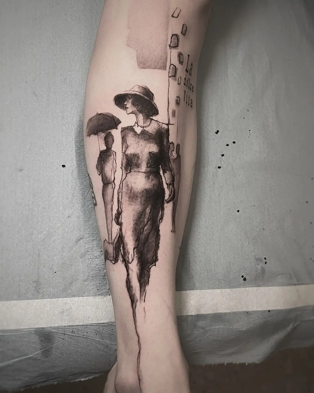 Elegant watercolor woman walking tattoo design