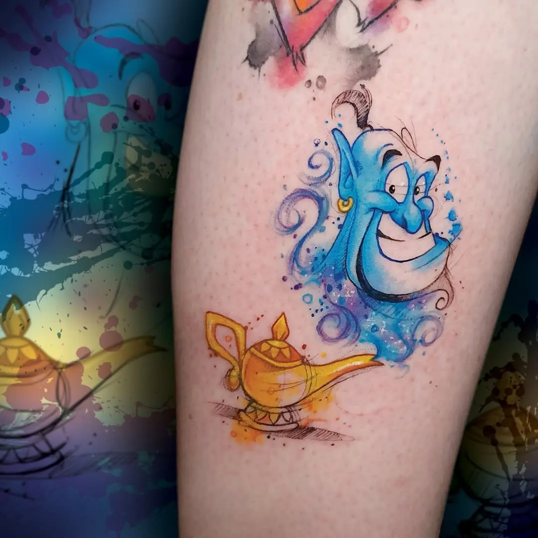 Vibrant watercolor genie and magic lamp tattoo