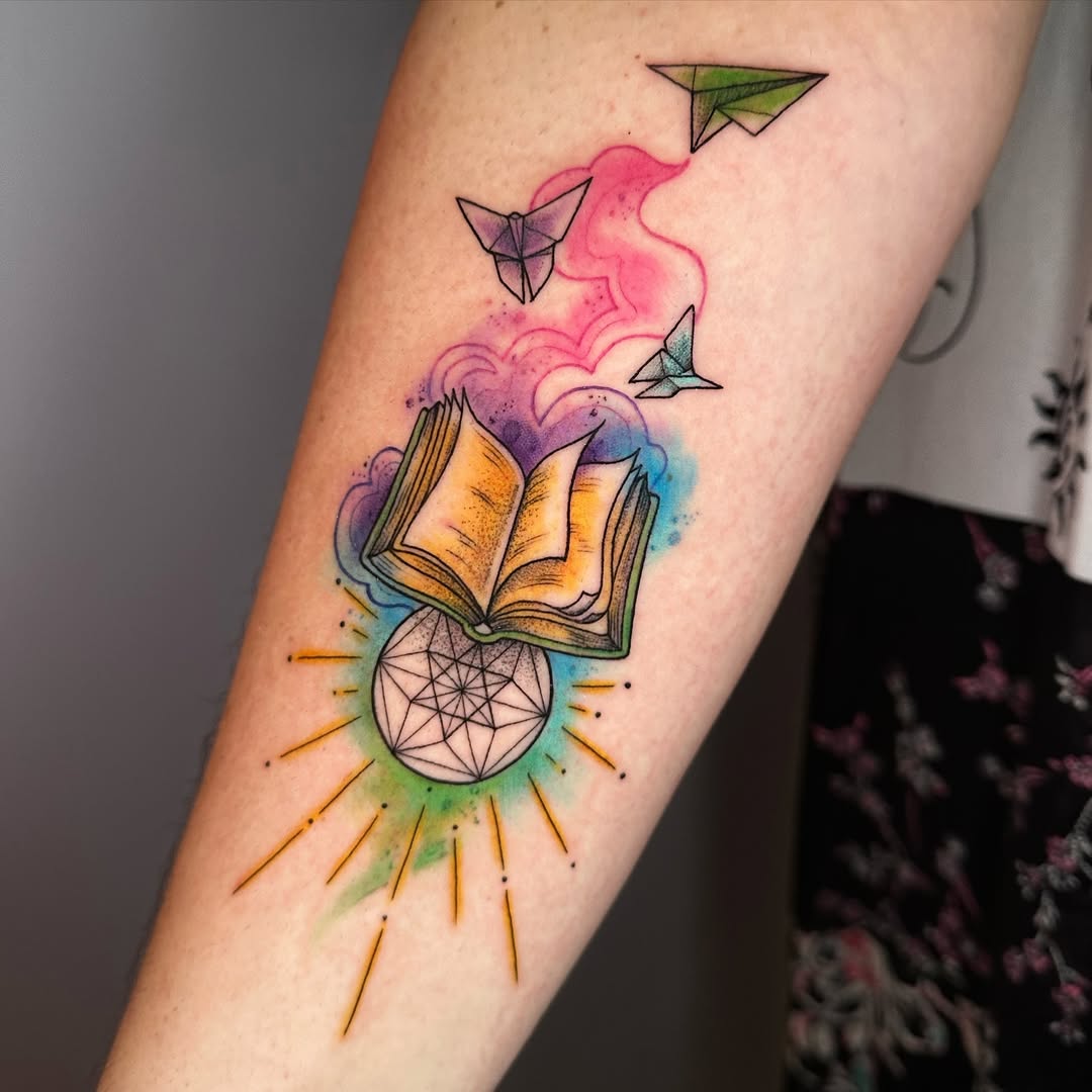 A vibrant, imaginative watercolor tattoo design