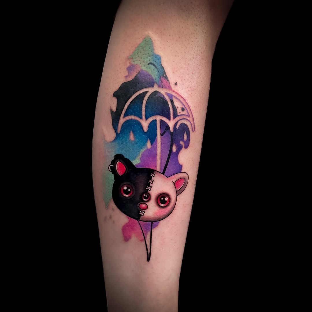 Whimsical black and white bear with umbrella