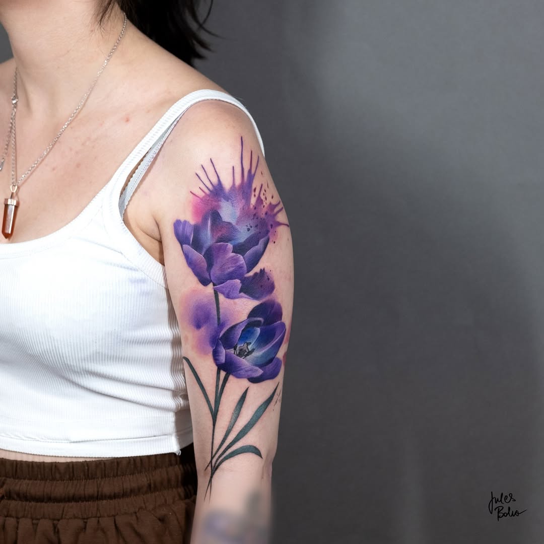 Stunning Purple Flower Watercolor Tattoo on Arm