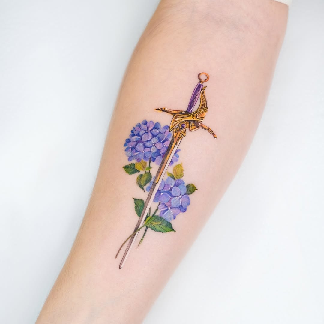 Elegant sword intertwined with vibrant hydrangea blooms