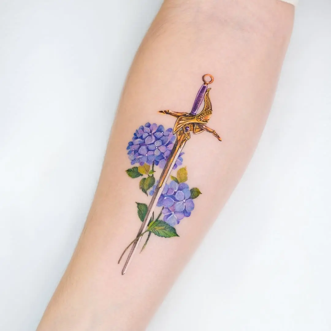 Elegant sword intertwined with vibrant hydrangea blooms