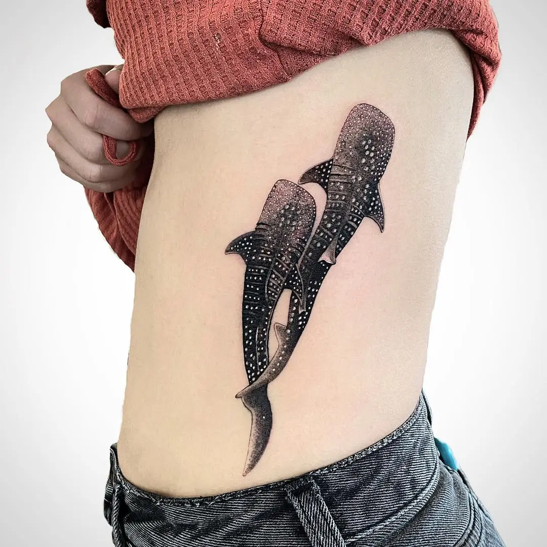 Stunning dual whale shark tattoos showcased beautifully