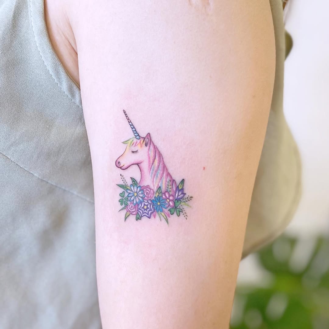 Charming Floral Unicorn Tattoo Design