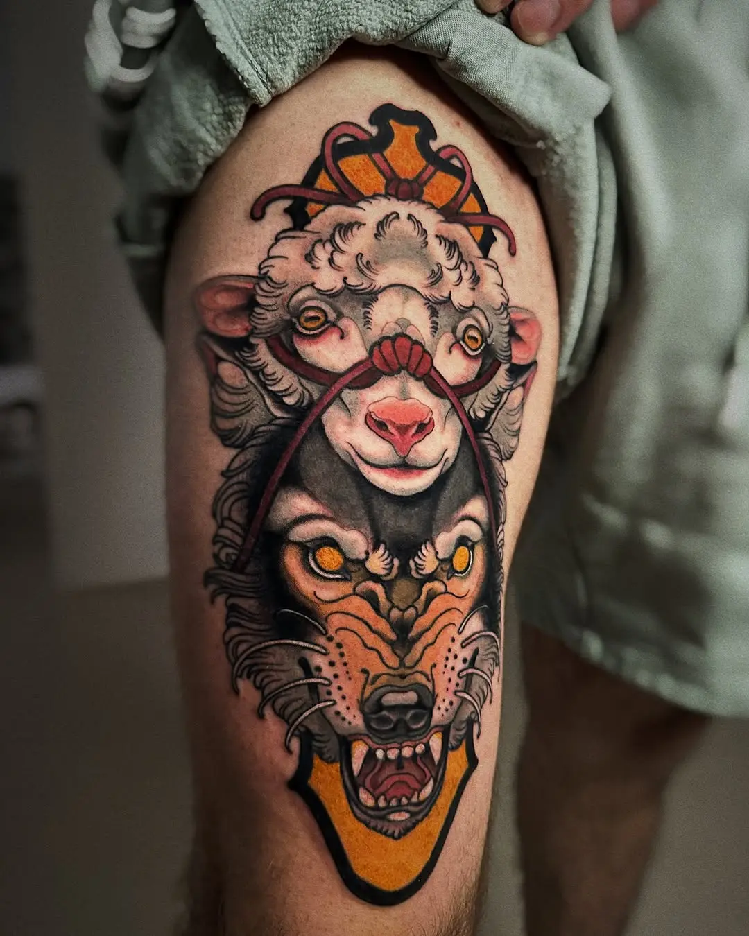 Powerful wolf and sheep contrasting tattoo design