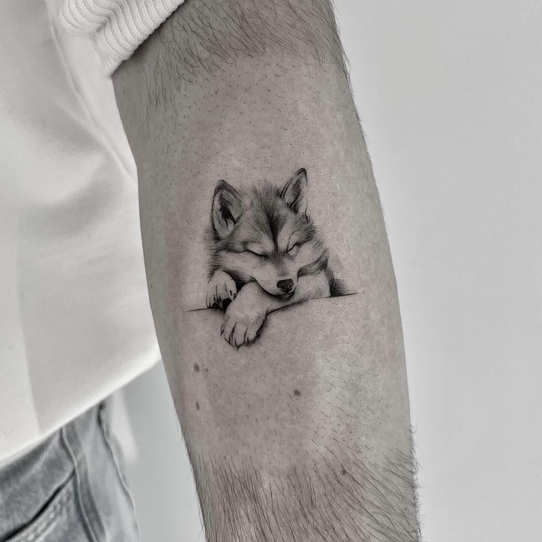 Relaxed wolf tattoo in stunning black ink