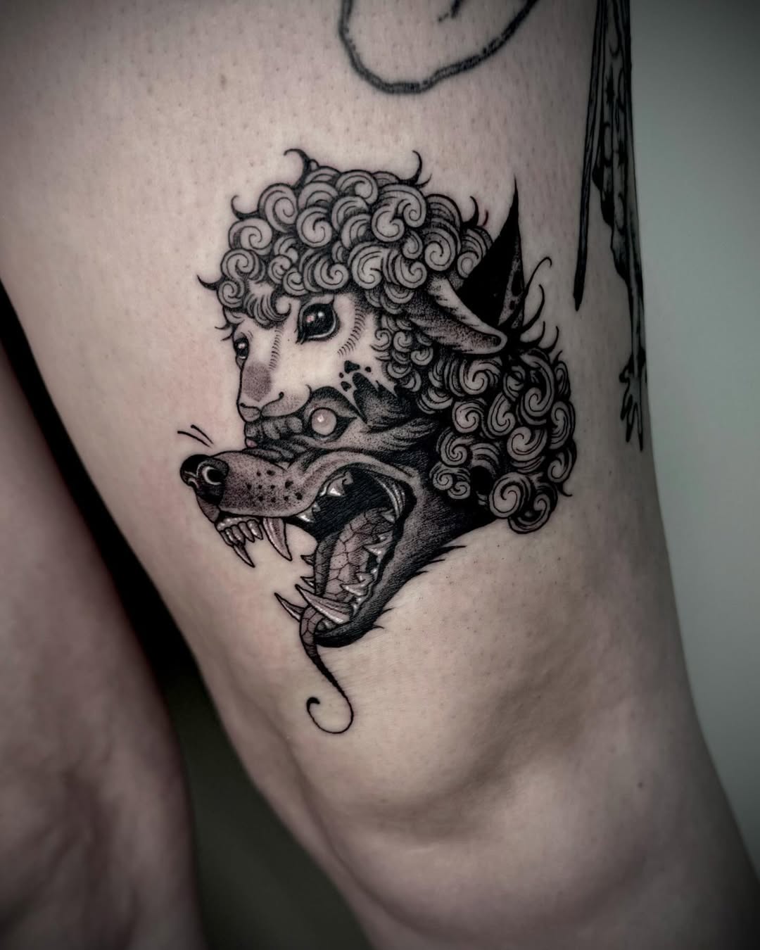 Funky wolf tattoo with playful curly details