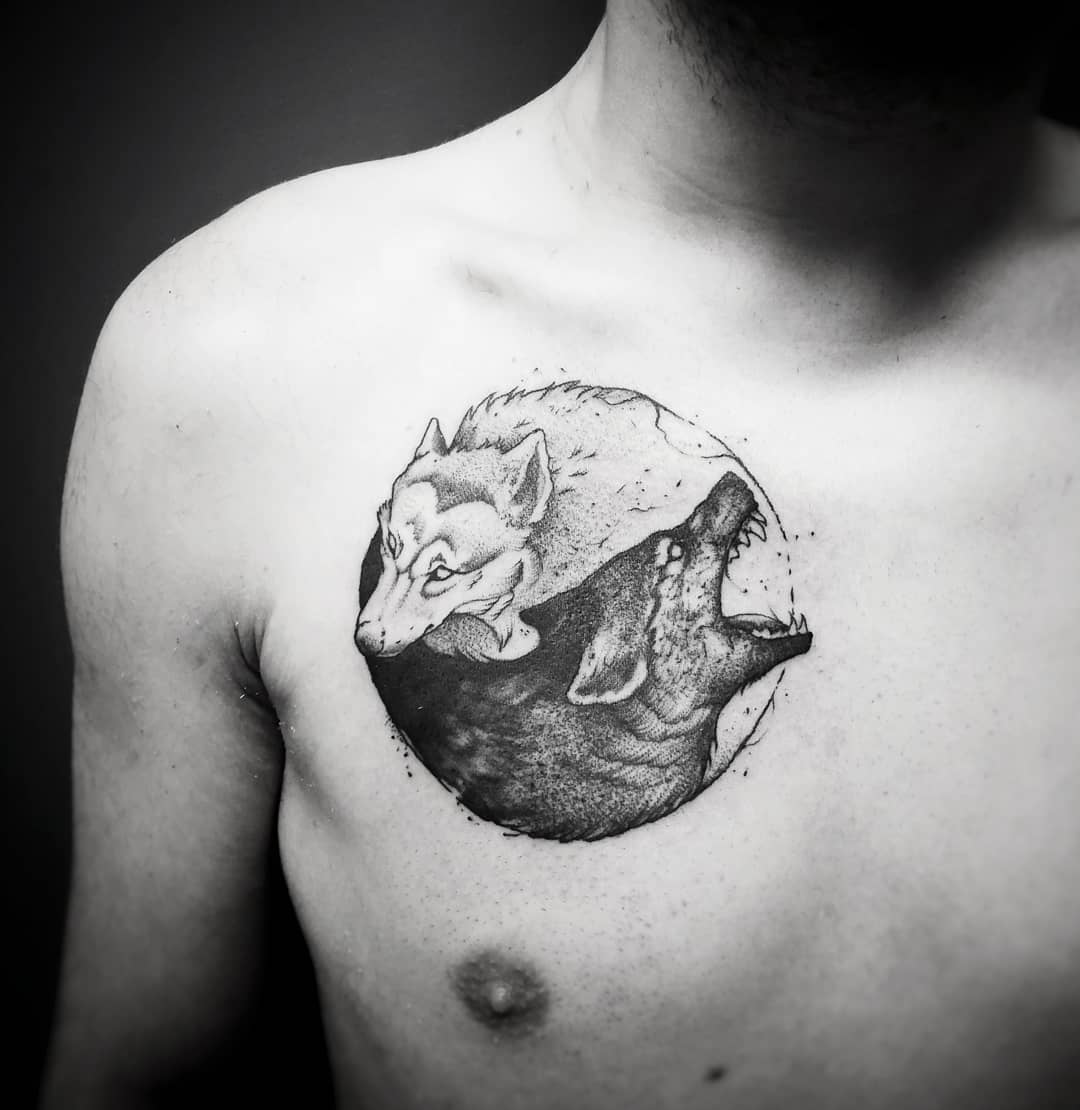 Stunning yin yang wolf and dog tattoo design