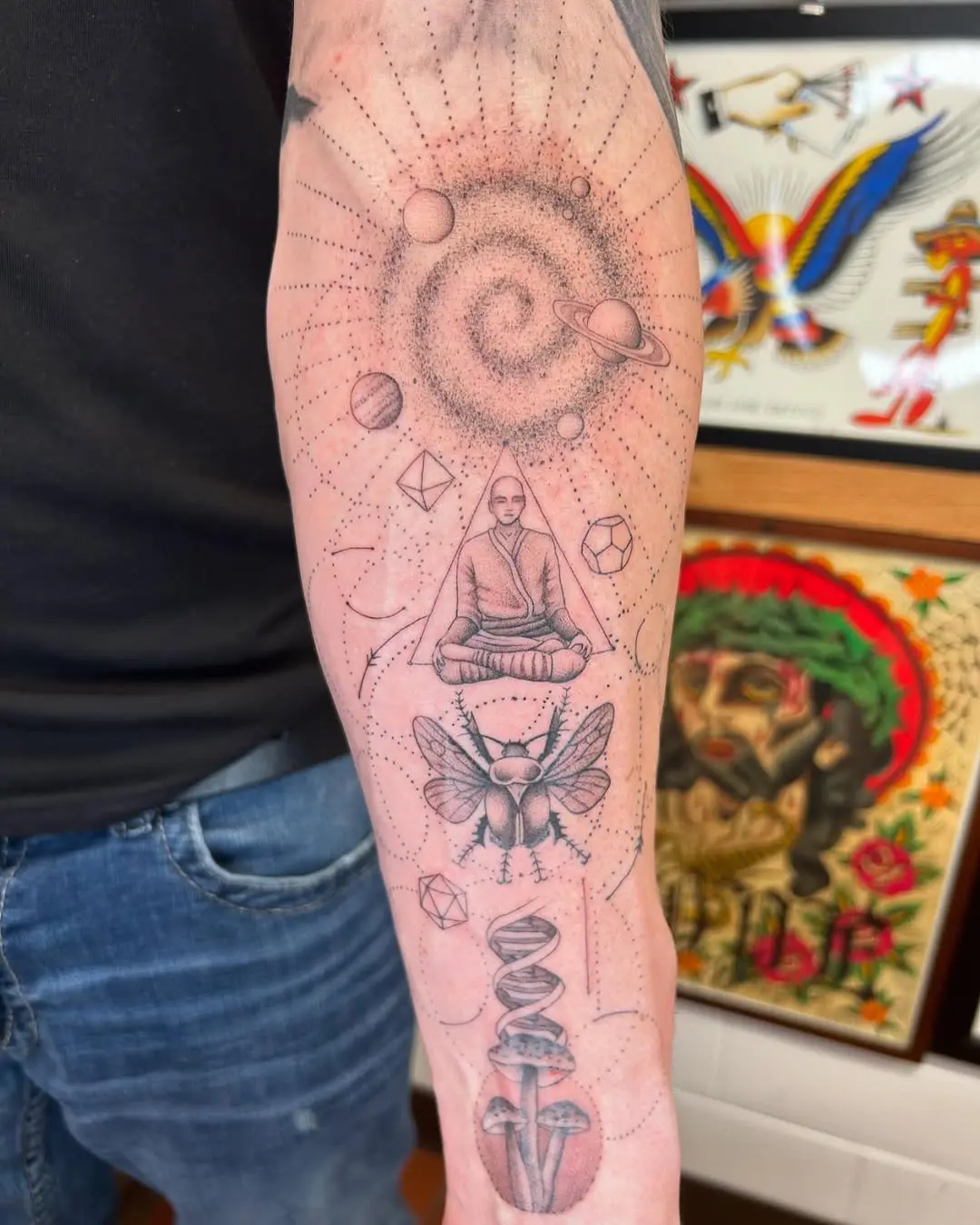 Cosmic meditation tattoo showcasing inner peace