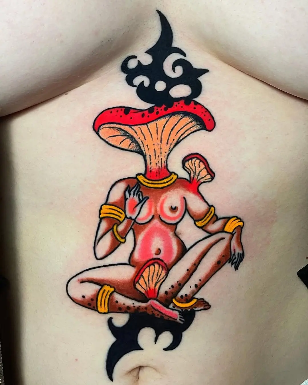 A surreal yoga-inspired mushroom tattoo design.
