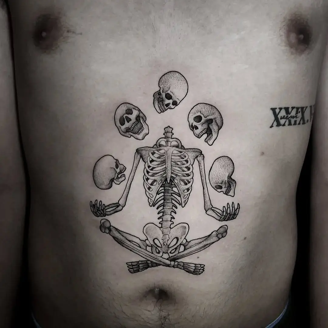 Merging yoga with macabre elements in ink