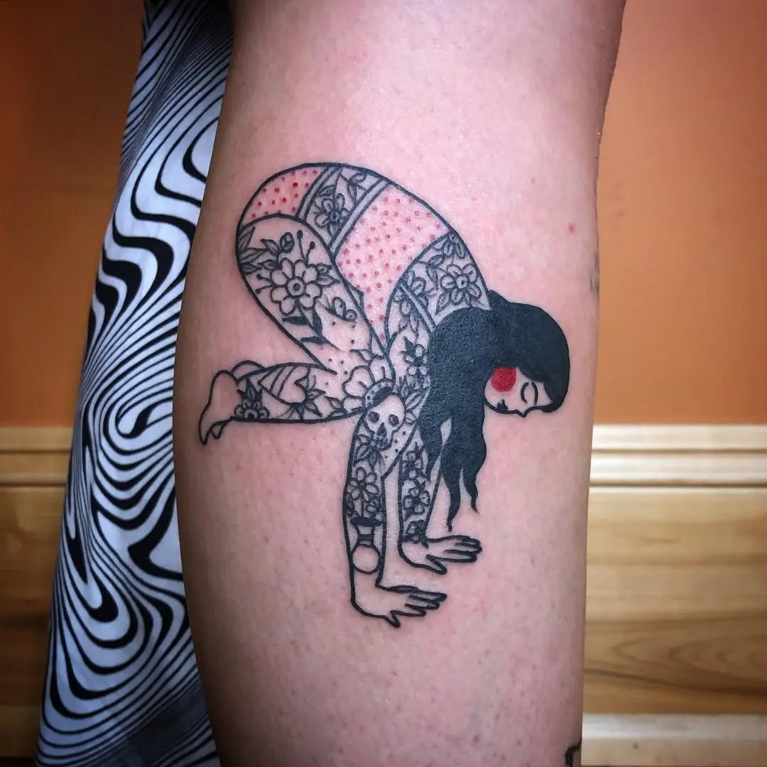 Intricate yoga pose tattoo with floral designs