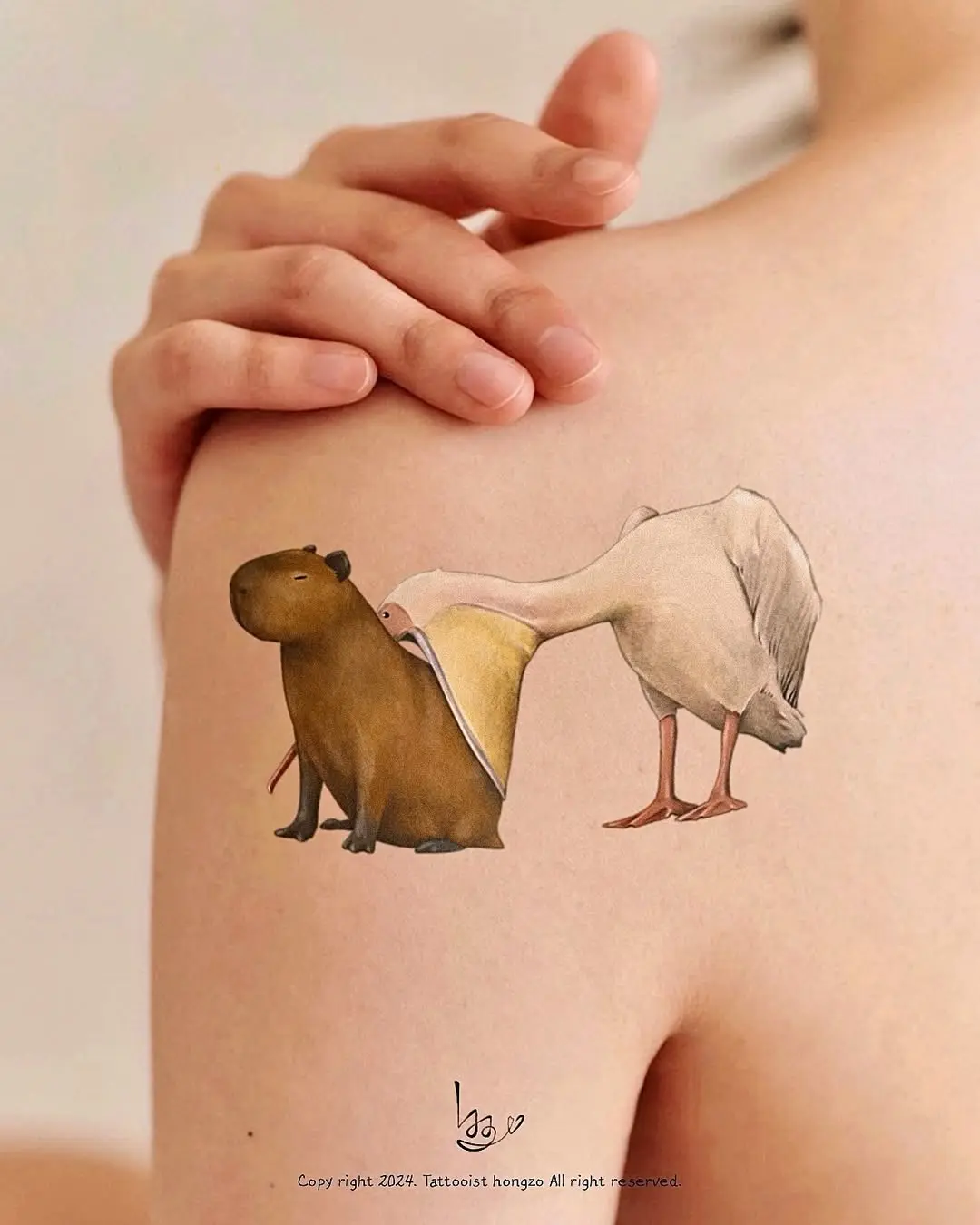 Charming capybara with bird tattoo design