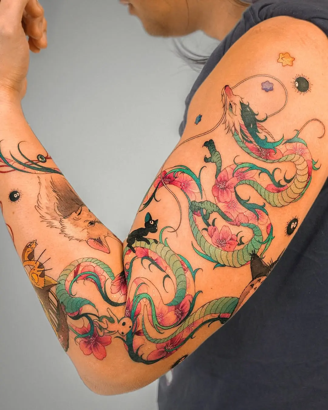 Intricate designs of colorful serpents and flowers