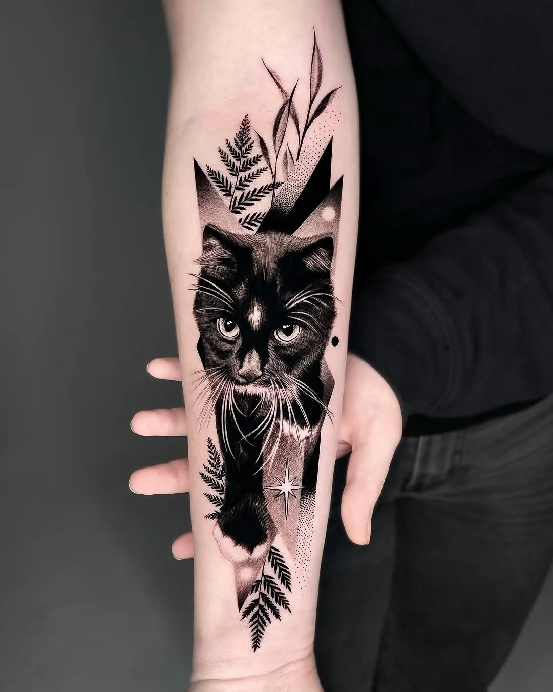 Stylish Cat Tattoo With Nature Elements