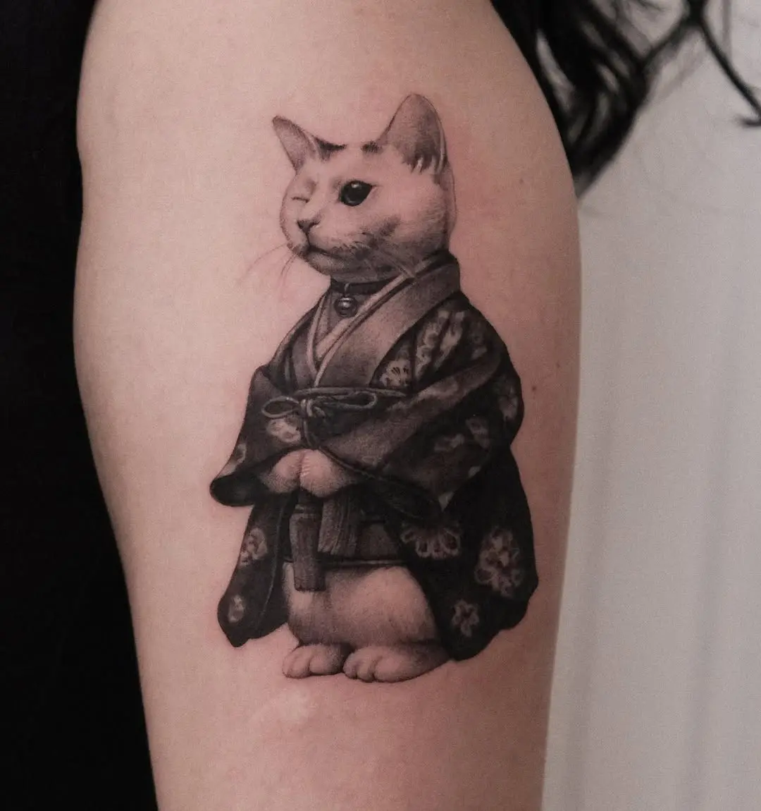 Adorable cat in traditional Japanese kimono tattoo