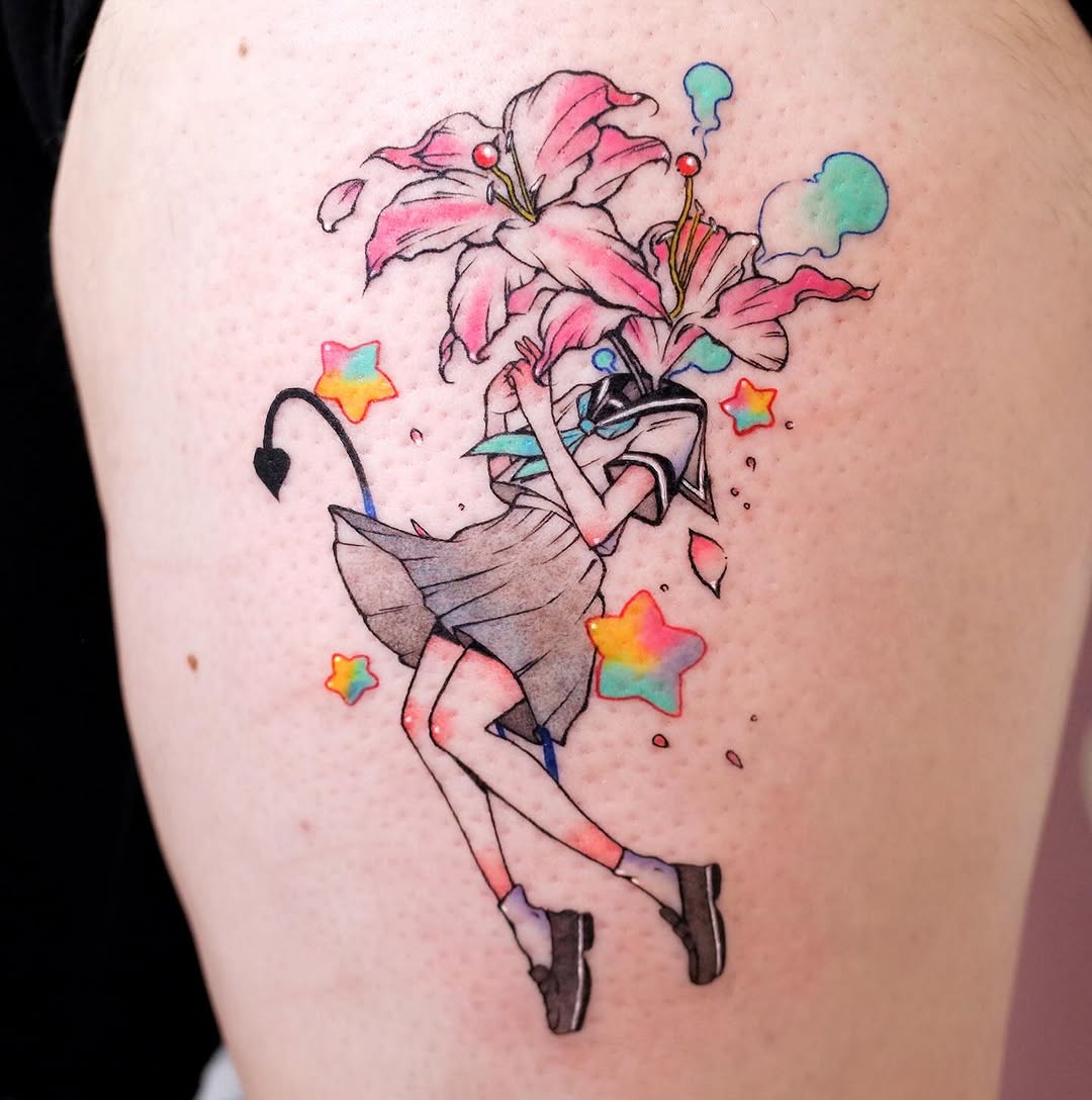 Whimsical tattoo of a girl with flowers