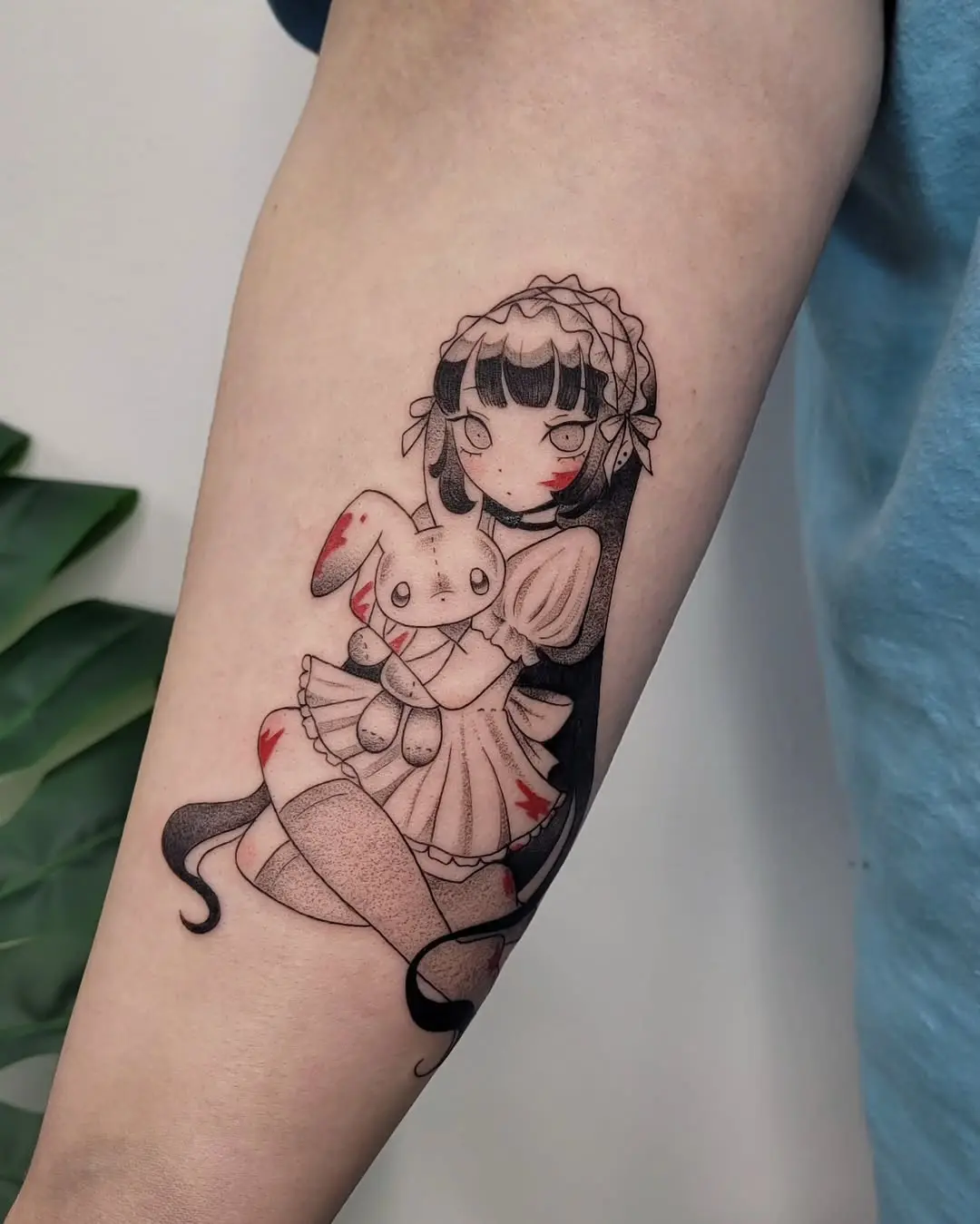 Adorable girl with plush bunny tattoo design