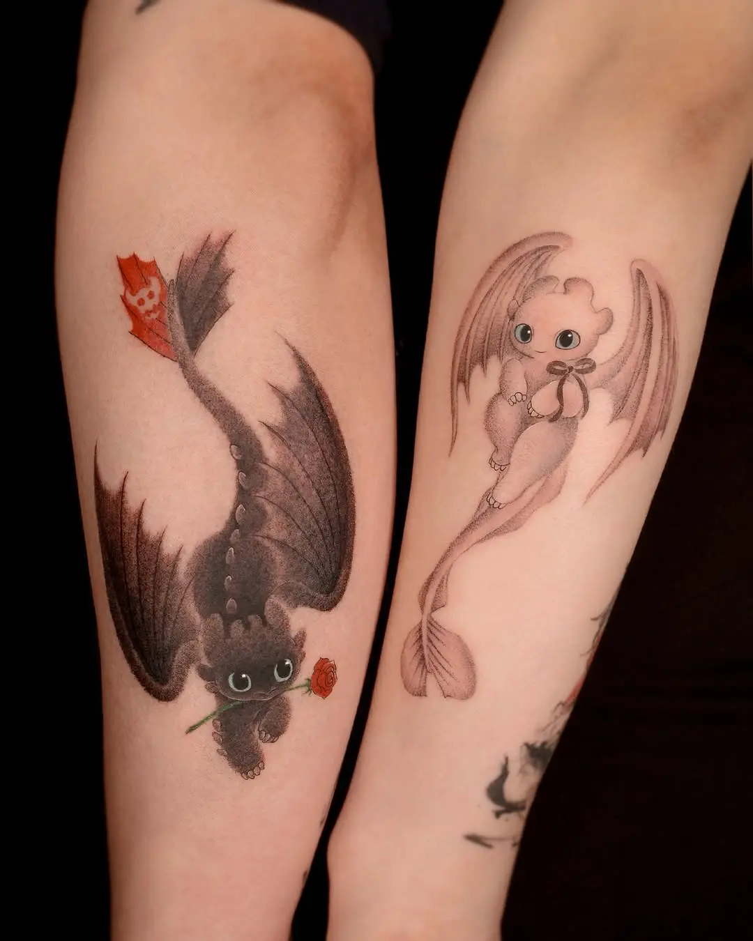 Adorable bat and mermaid tattoo duo