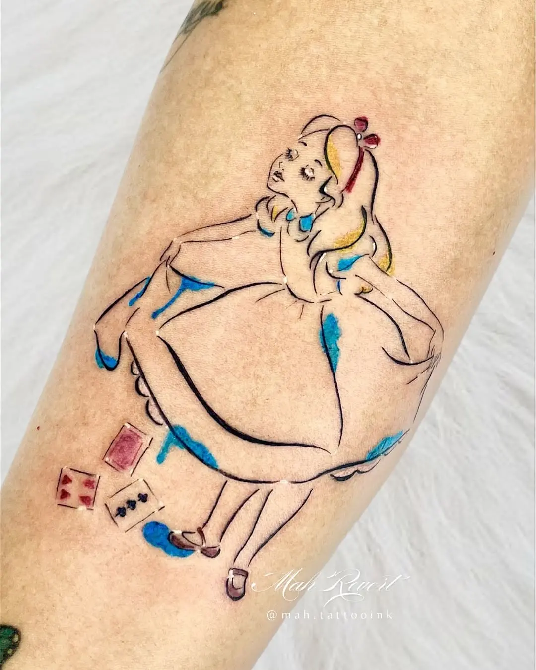 Whimsical Alice in Wonderland tattoo design.