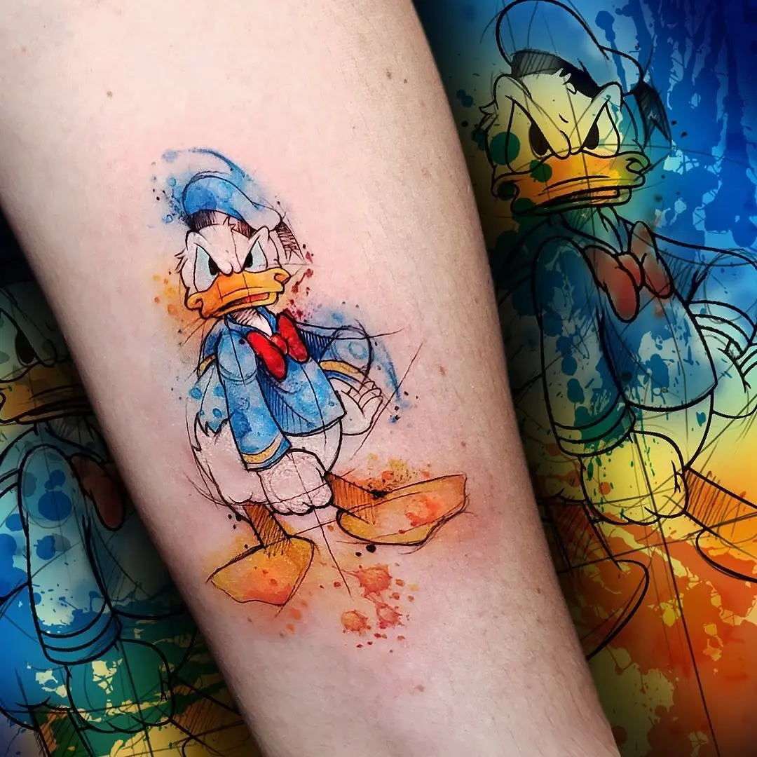 Vibrant Donald Duck Watercolor Tattoo Design