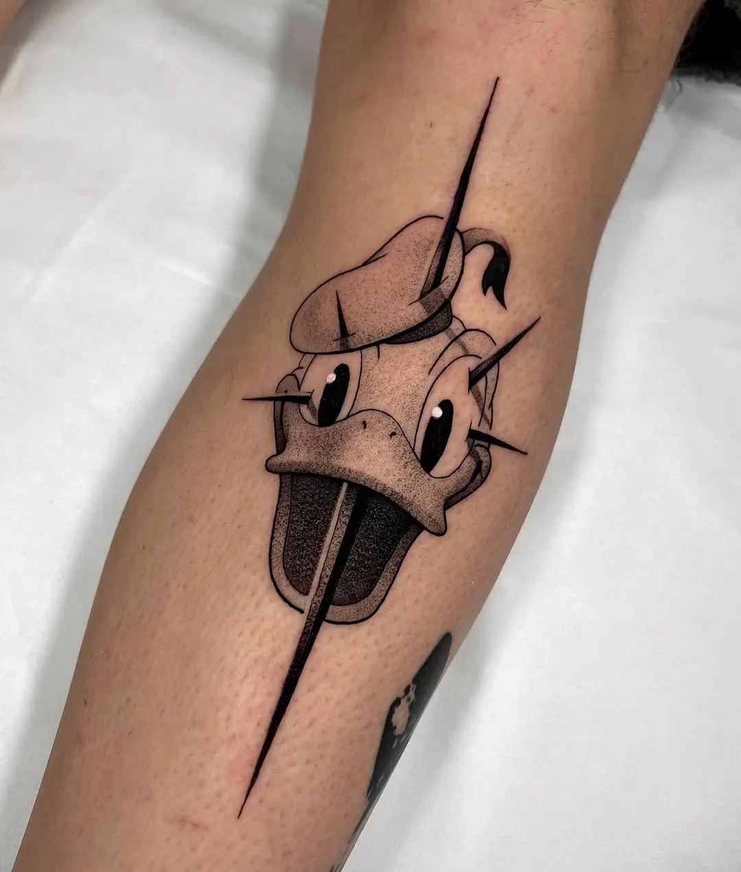 Stylized Donald Duck in bold blackwork style