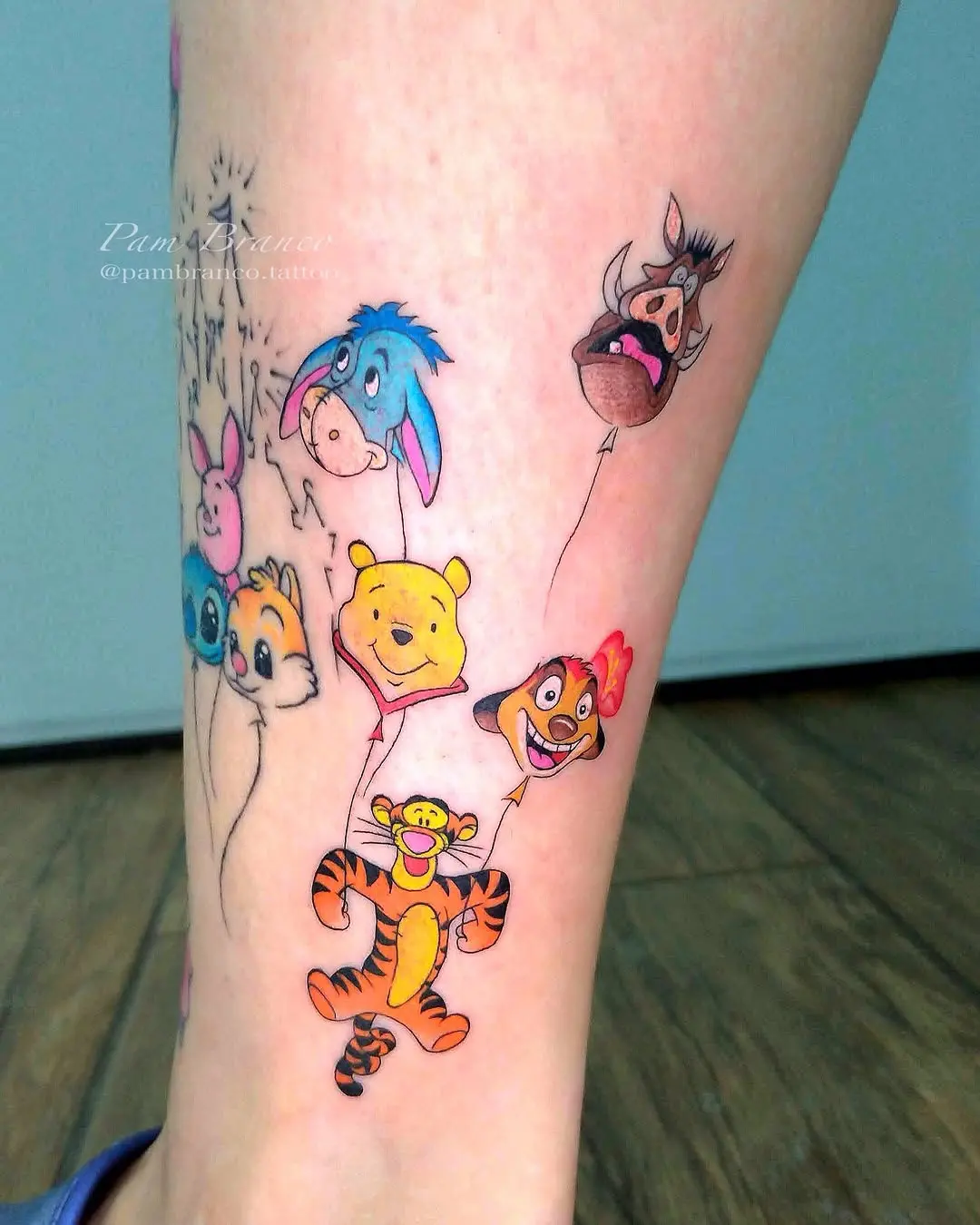 Playful Disney Characters Tattoo on the Leg