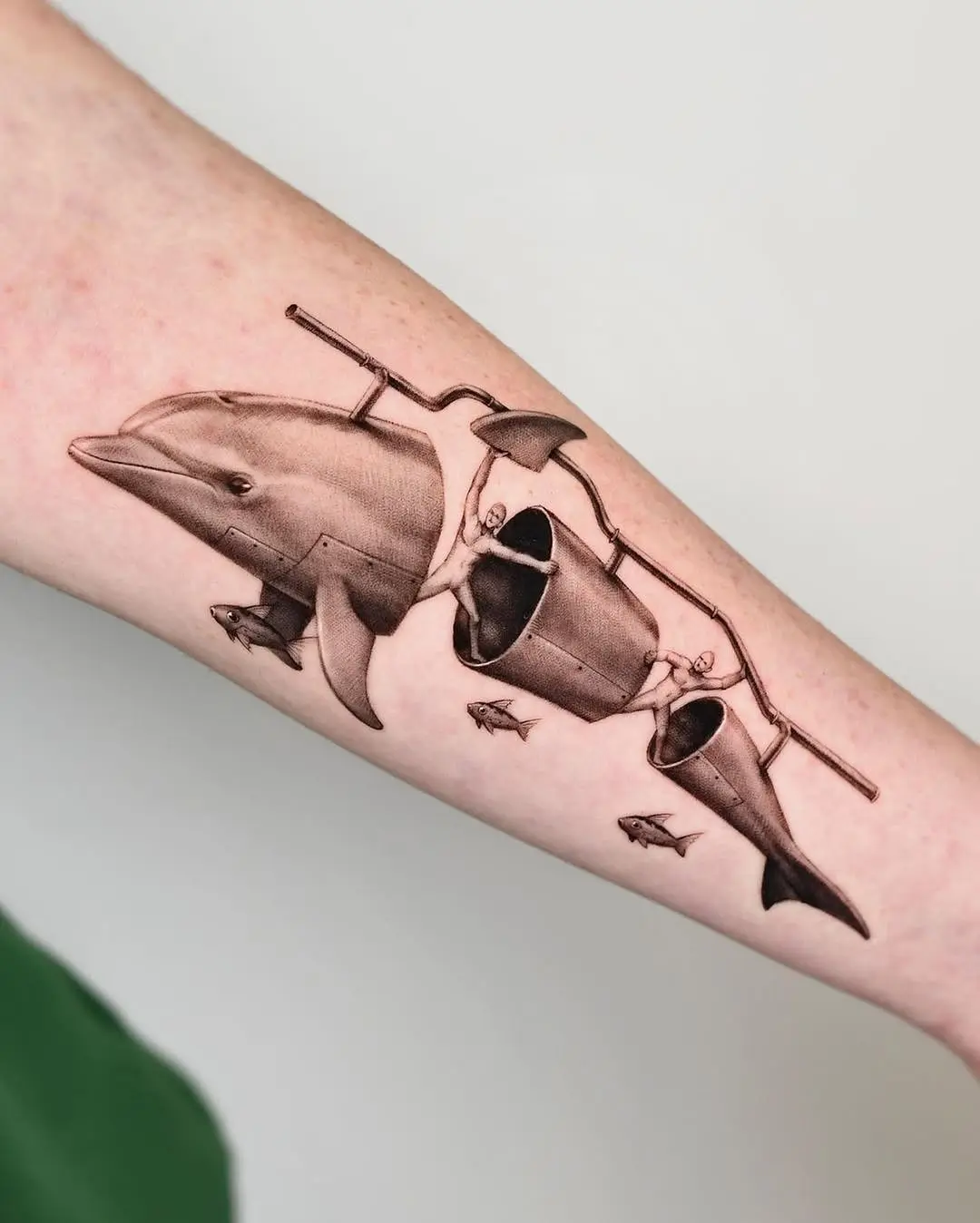 Realistic dolphin tattoo with creative elements