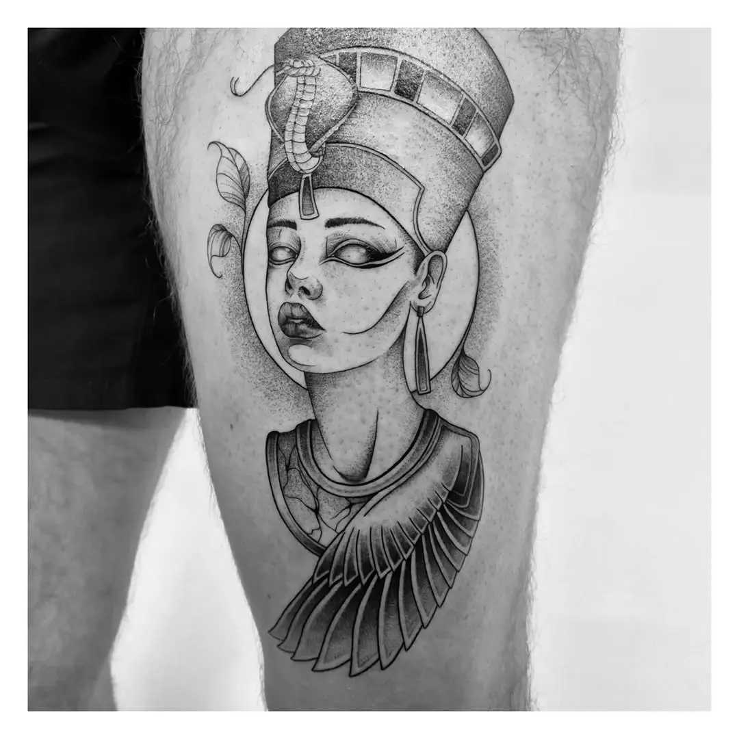Intricate Nefertiti Tattoo Design in Black Ink