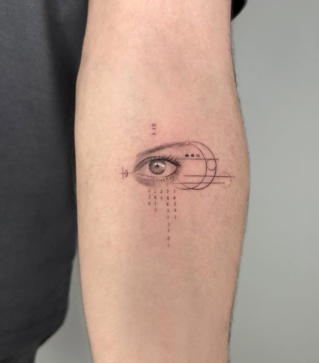 Intricate geometric eye tattoo on forearm