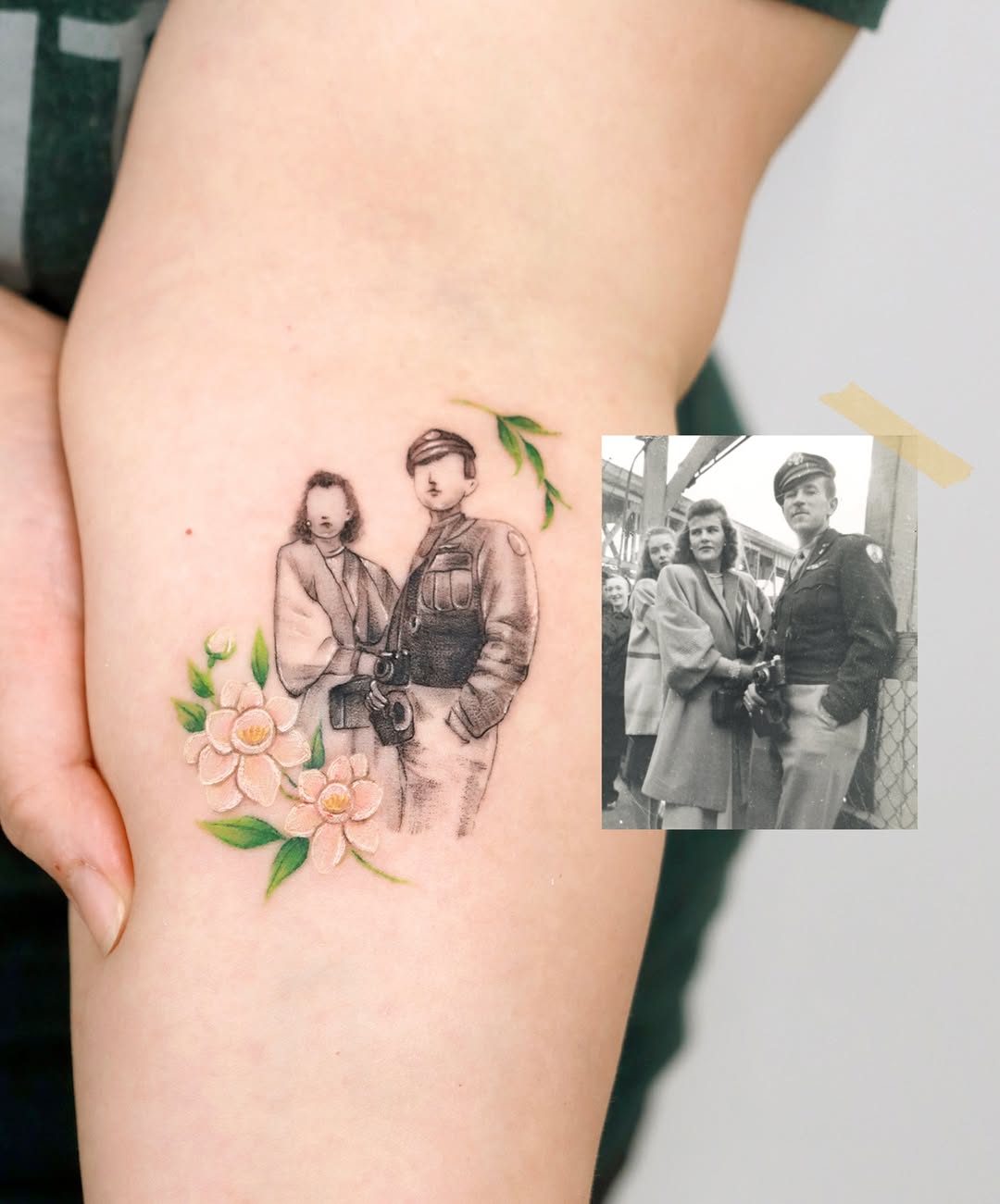 Heartfelt family portrait tattoo with floral accents