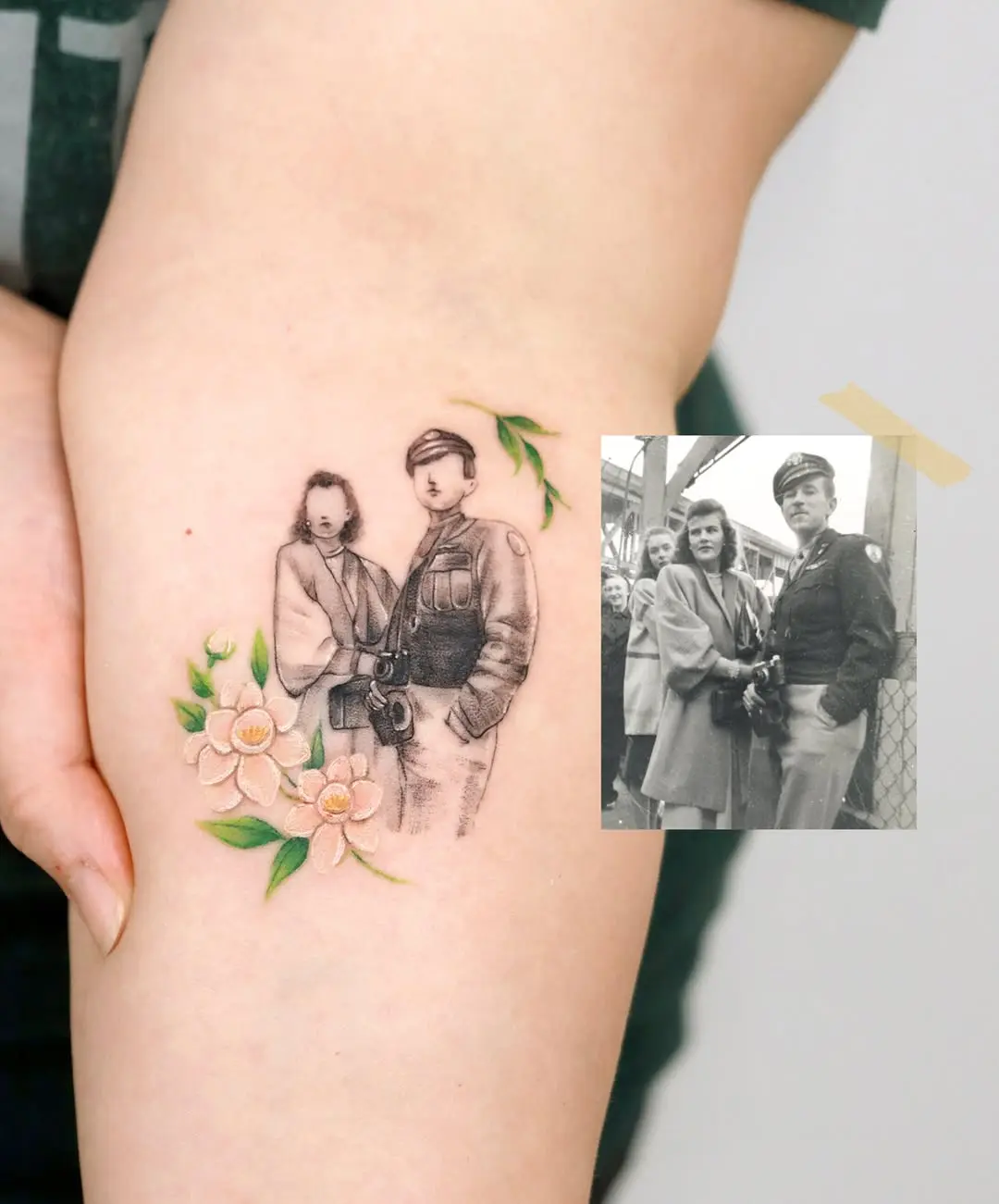 Heartfelt family portrait tattoo with floral accents