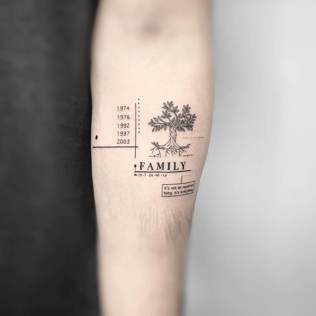 Meaningful family tree tattoo with personal dates