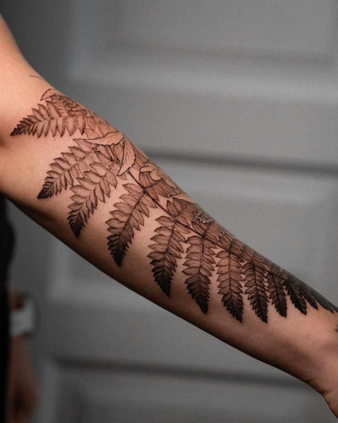 Intricate fern tattoo design on forearm