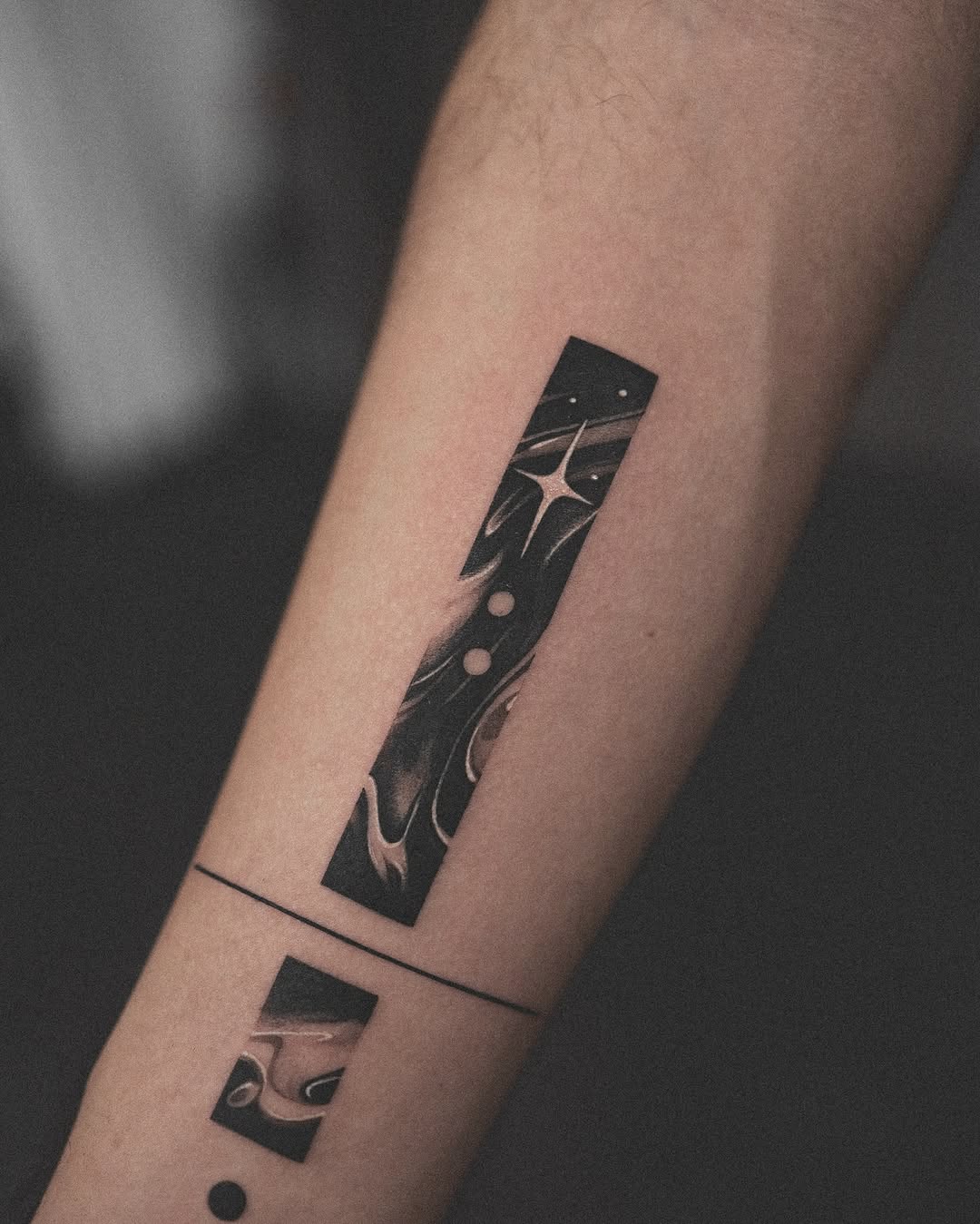Unique abstract black and gray forearm tattoo