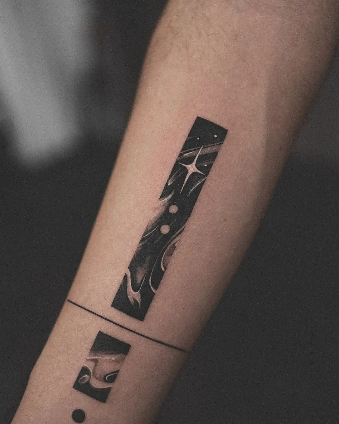 Unique abstract black and gray forearm tattoo