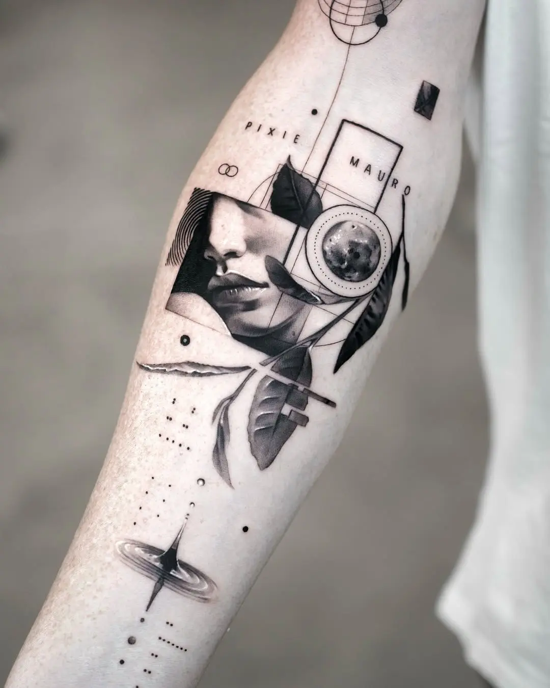 Intricate blackwork tattoo featuring a female face